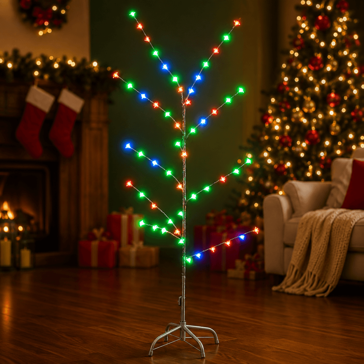 Árbol decorativo navideño 70 LED, 1.5m, plateado (Luz multicolor)