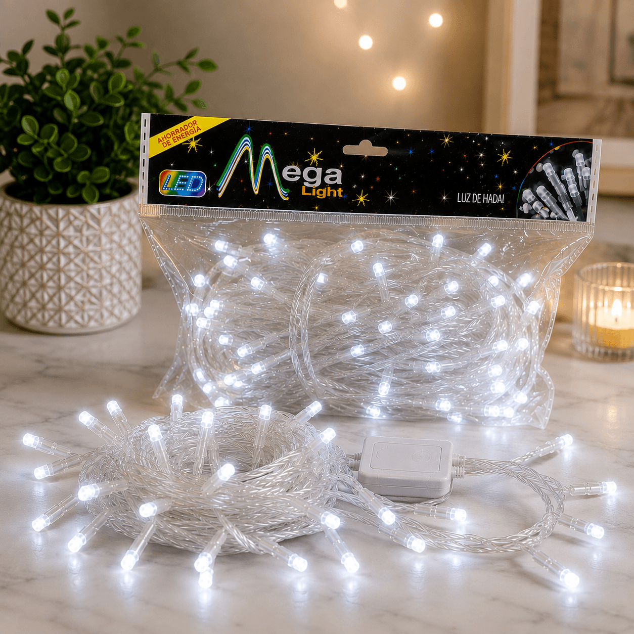 Luz navideña led cable trans blanca x 100l 9m