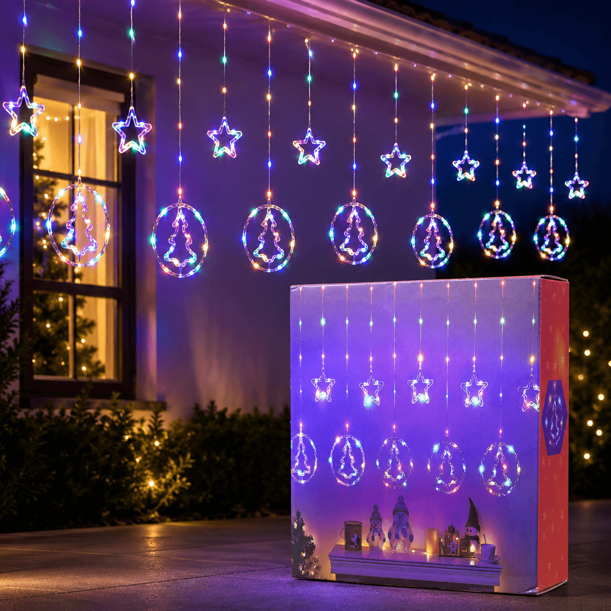 Cortina navideña figuras de arbol multicor 3mt 120 luces