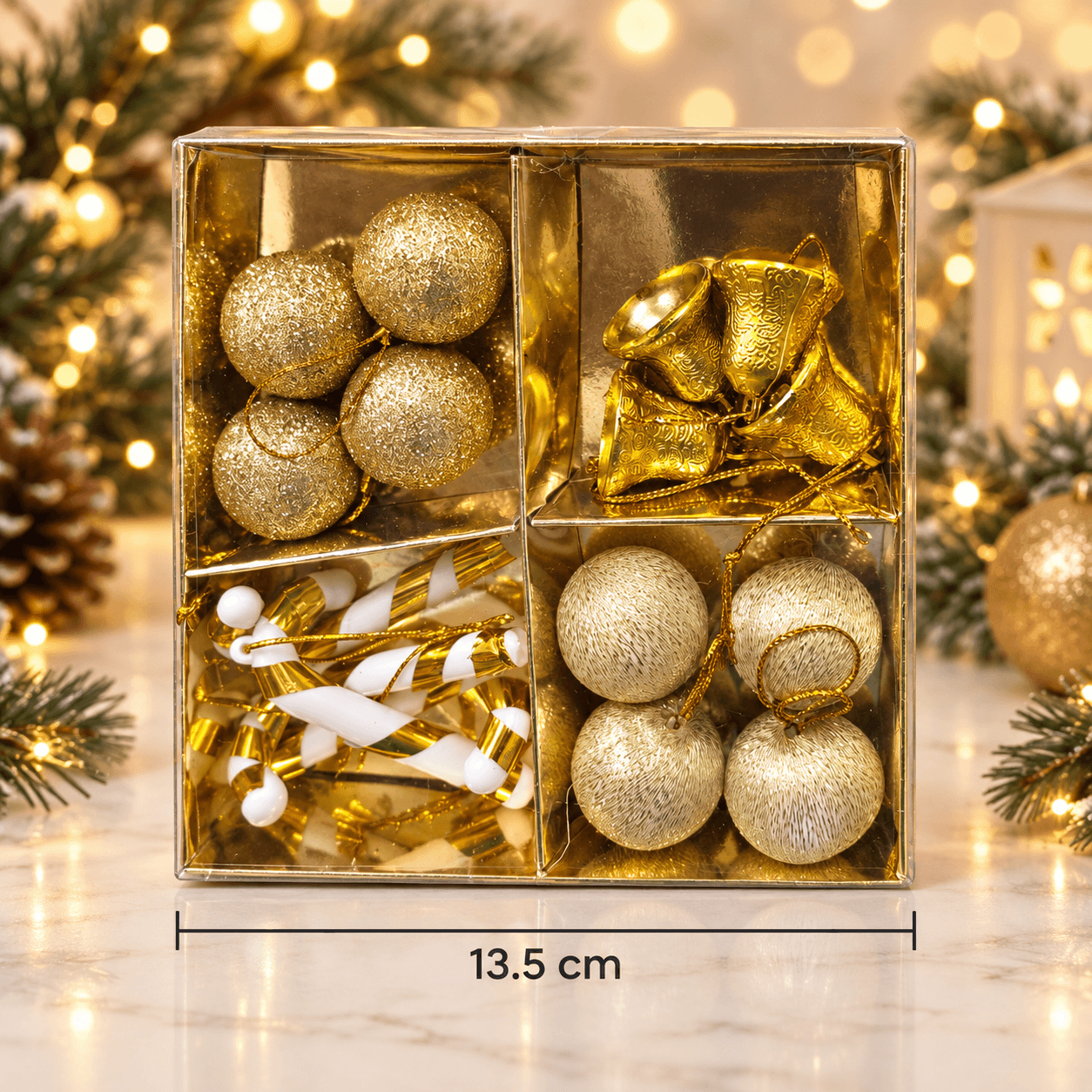 Cajita de regalo con baston, bolita y campana dorado 13.5cm
