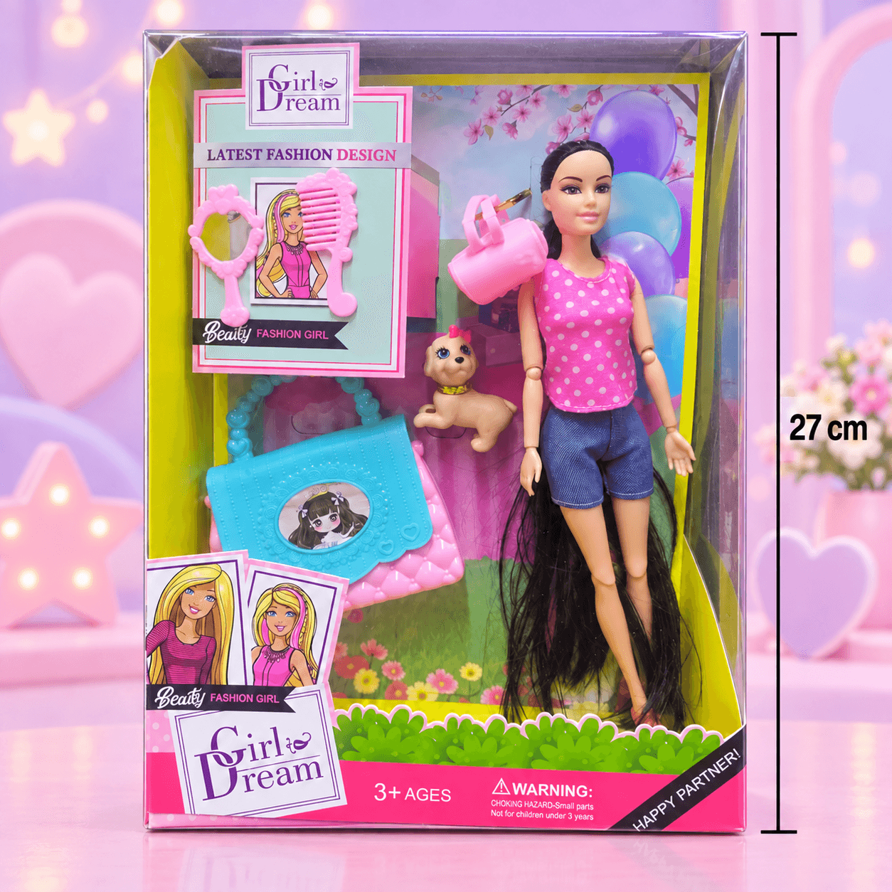 Muñeca Articulada de Cabello Negro Largo con Bolsos y Perrito