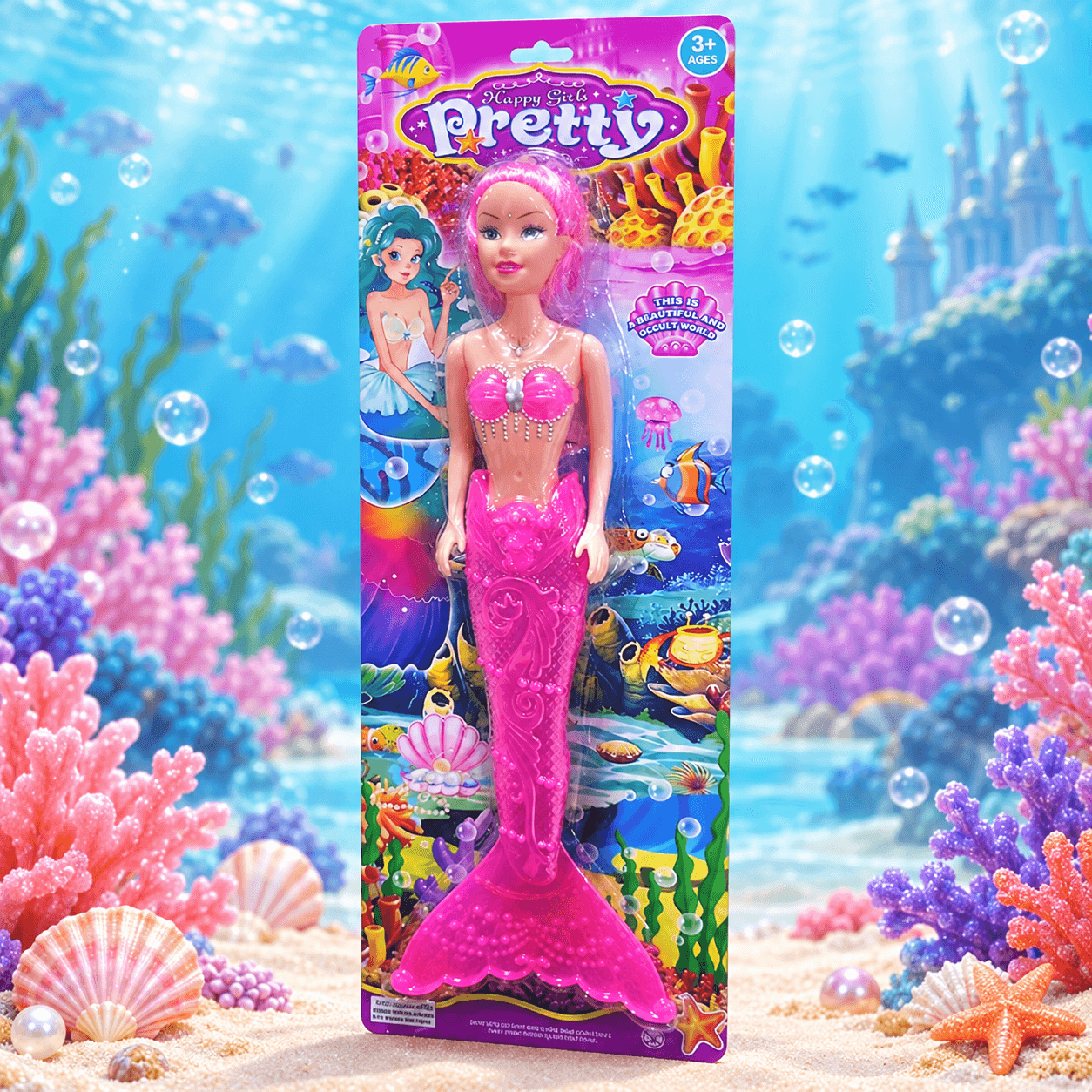 Muñeca Sirena Rosada con Cola Fucsia en Blíster 47cm