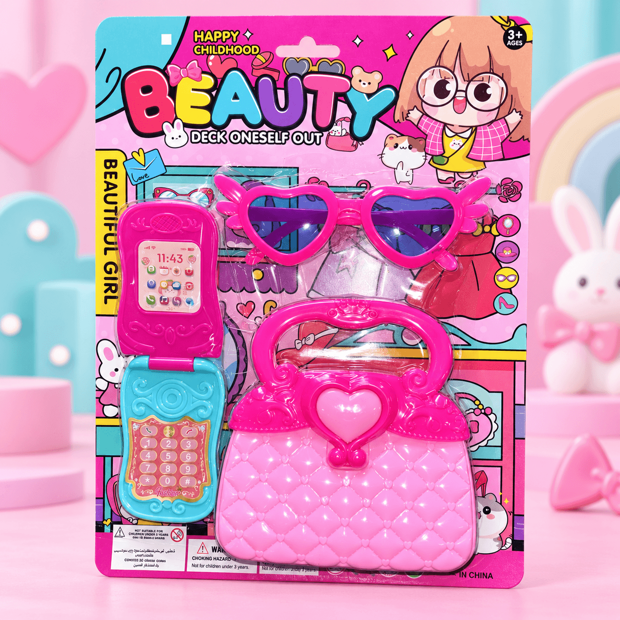 Set de Juguete Bolso Rosado con Gafas de Corazón y Celular