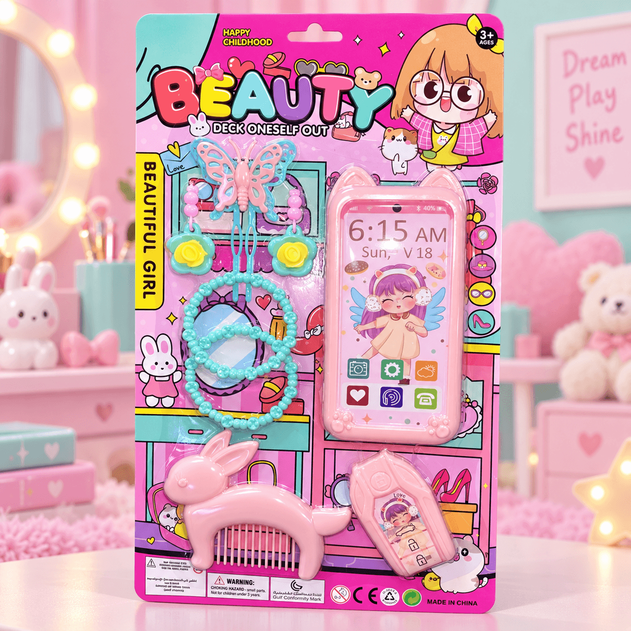 Set de Belleza Infantil con Celular de Juguete Rosado