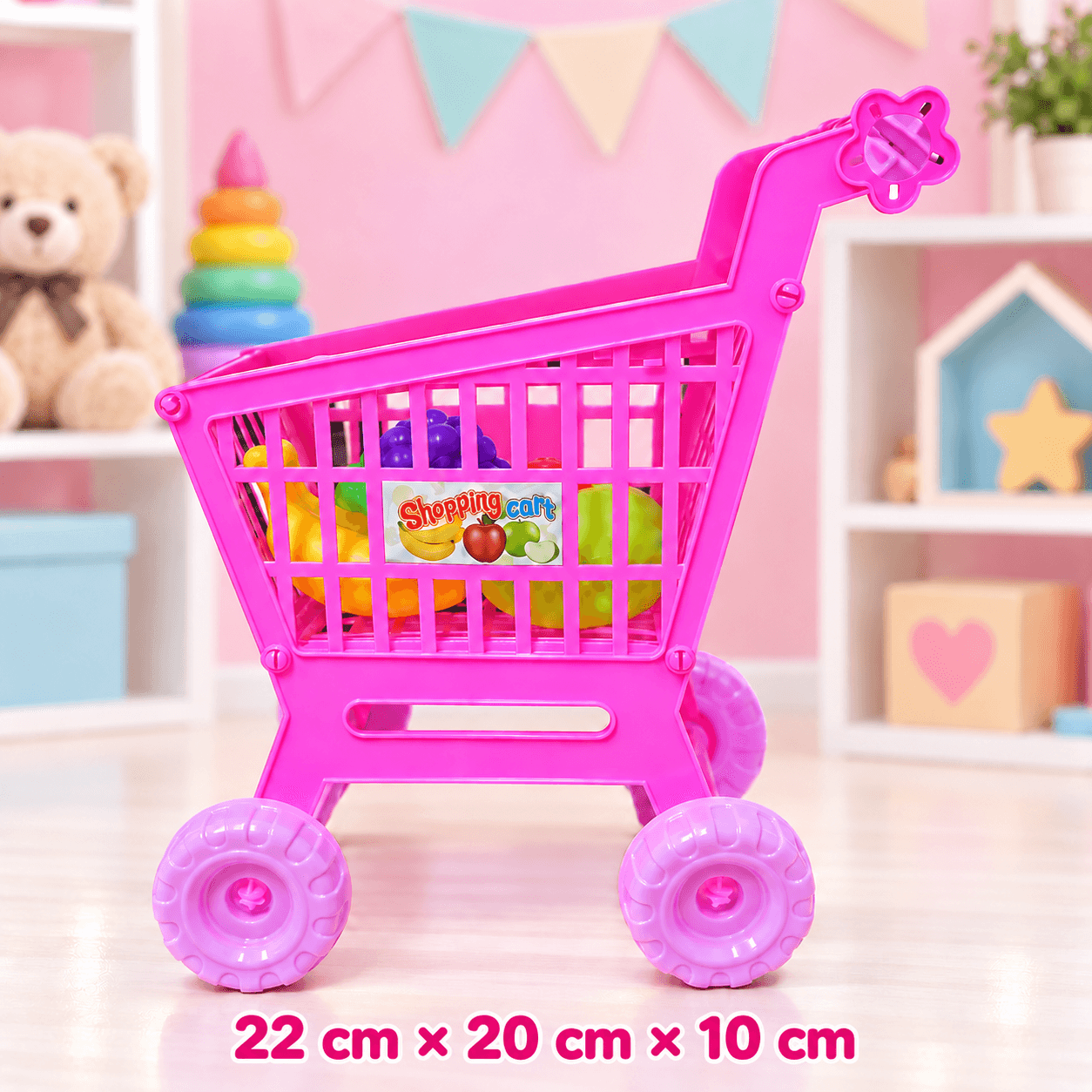 Carrito de Mercado de Juguete Rosado con Ruedas Moradas