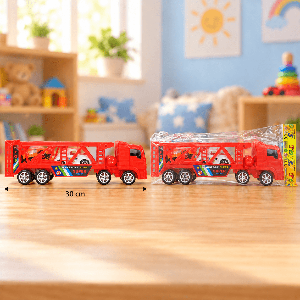 Mula Niñera de Juguete Roja con 2 Carros 30cm