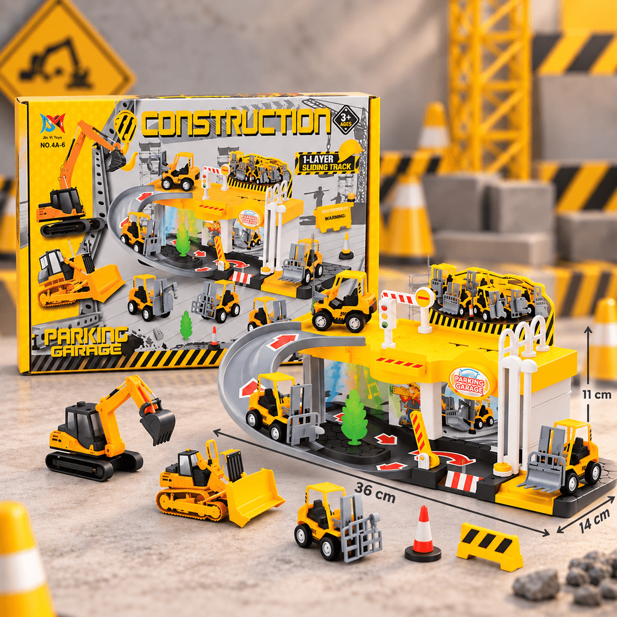Pista Parqueadero de Construcción con Rampa y Vehículos de Obra