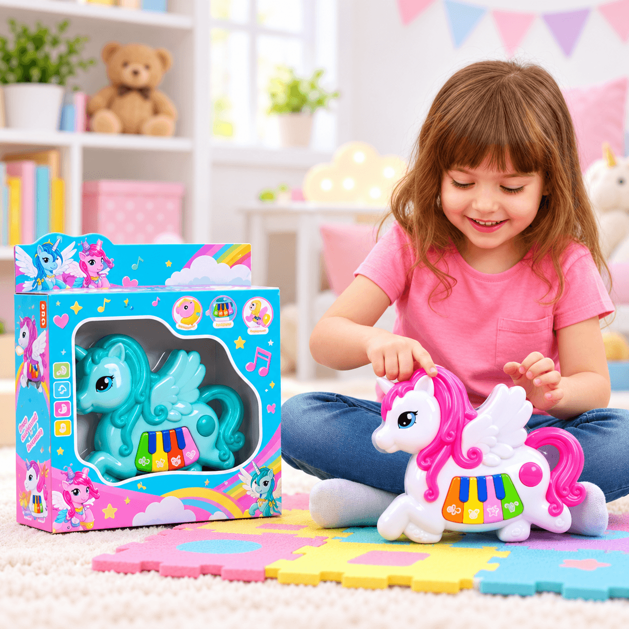 Piano de Juguete Unicornio con Alas y Teclas de Colores en Caja