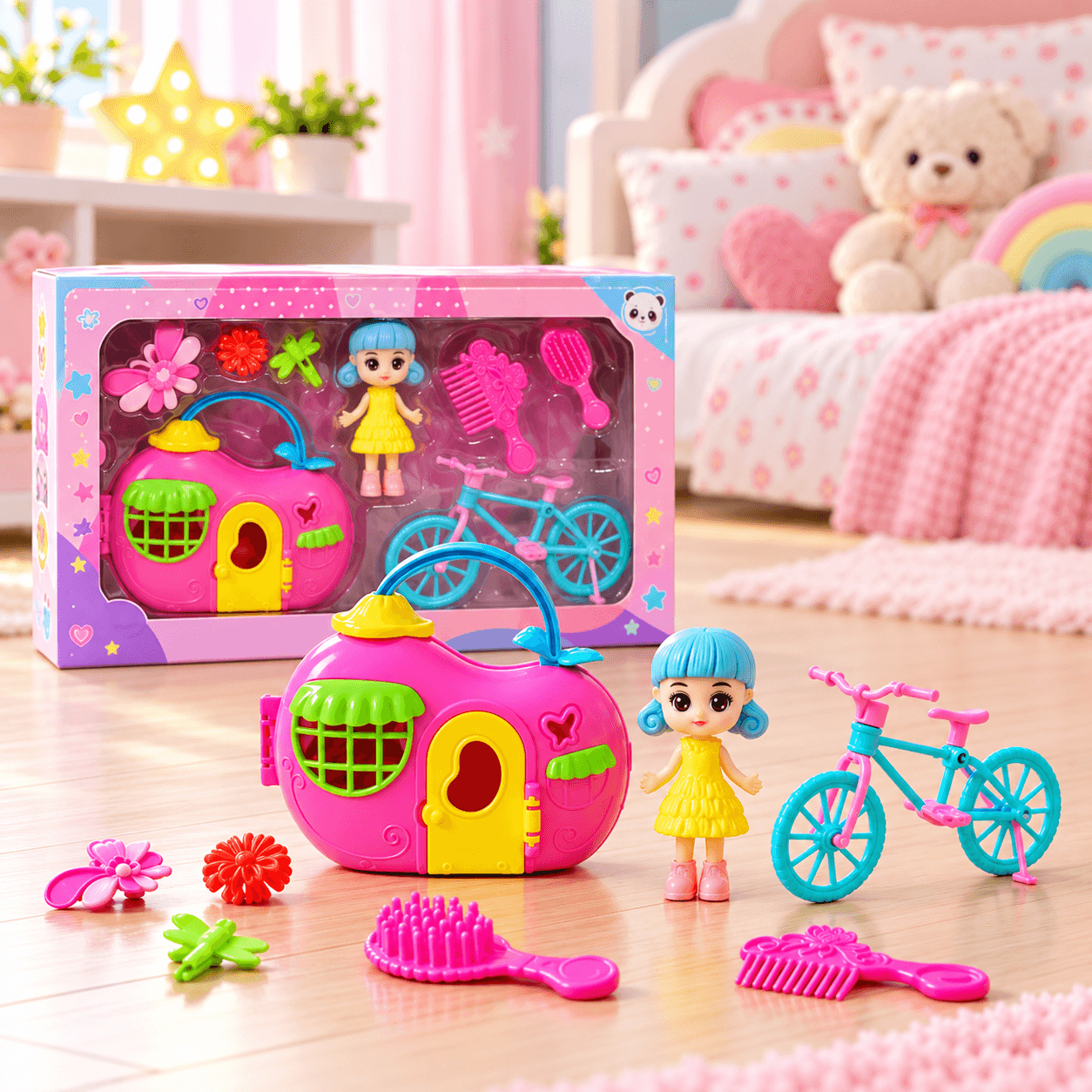 Set de Muñeca con Bicicleta, Casita Rosada y Accesorios