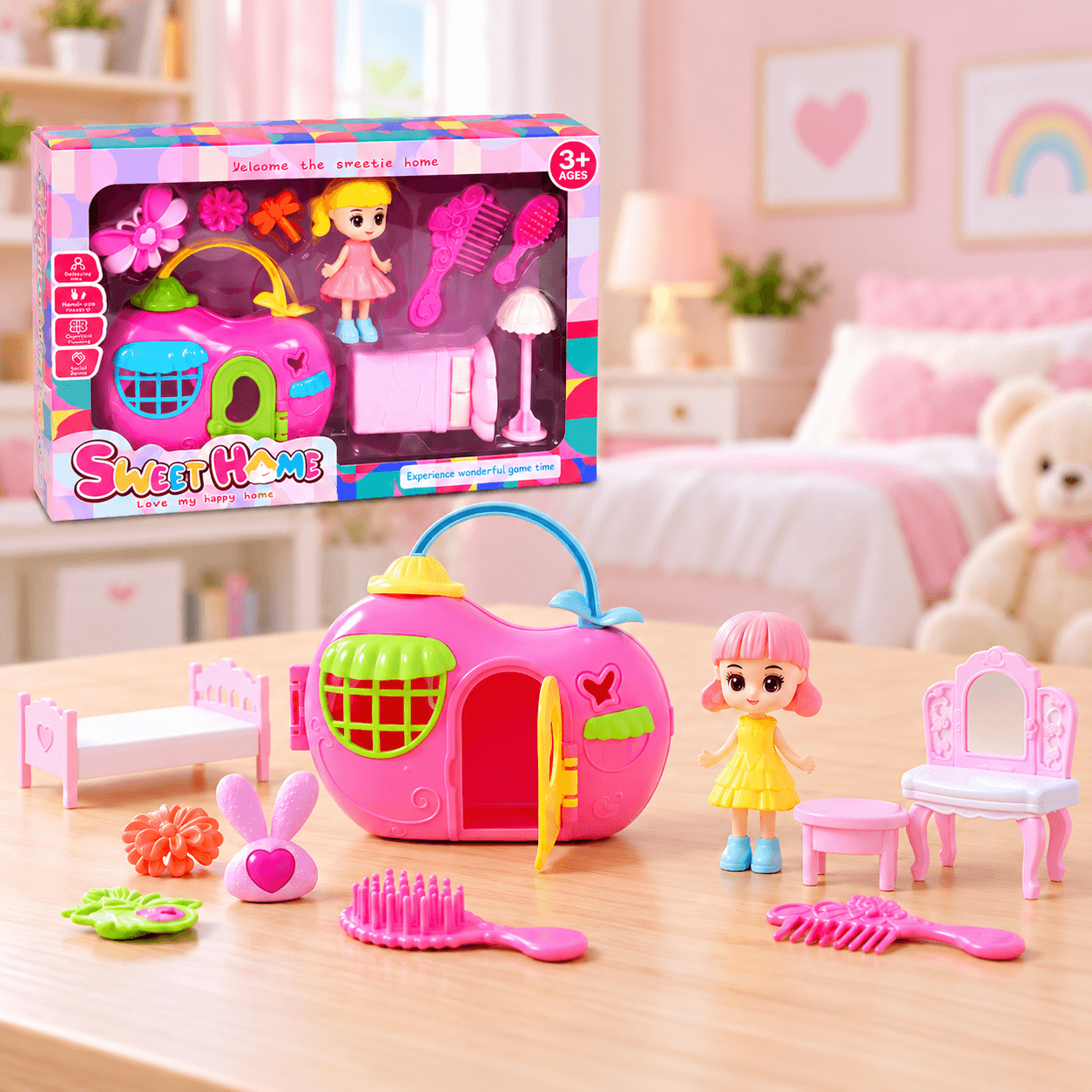 Set de Muñeca con Casita Rosa Portátil y Accesorios