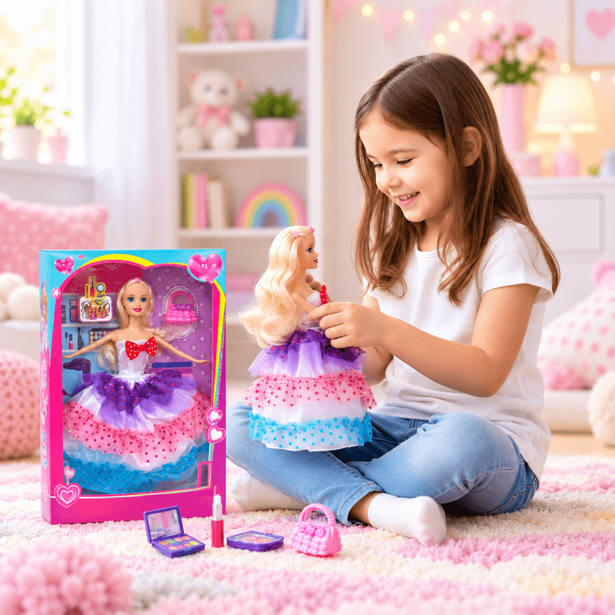 Muñeca Rubia con Vestido de Capas Morado y Rosa en Caja