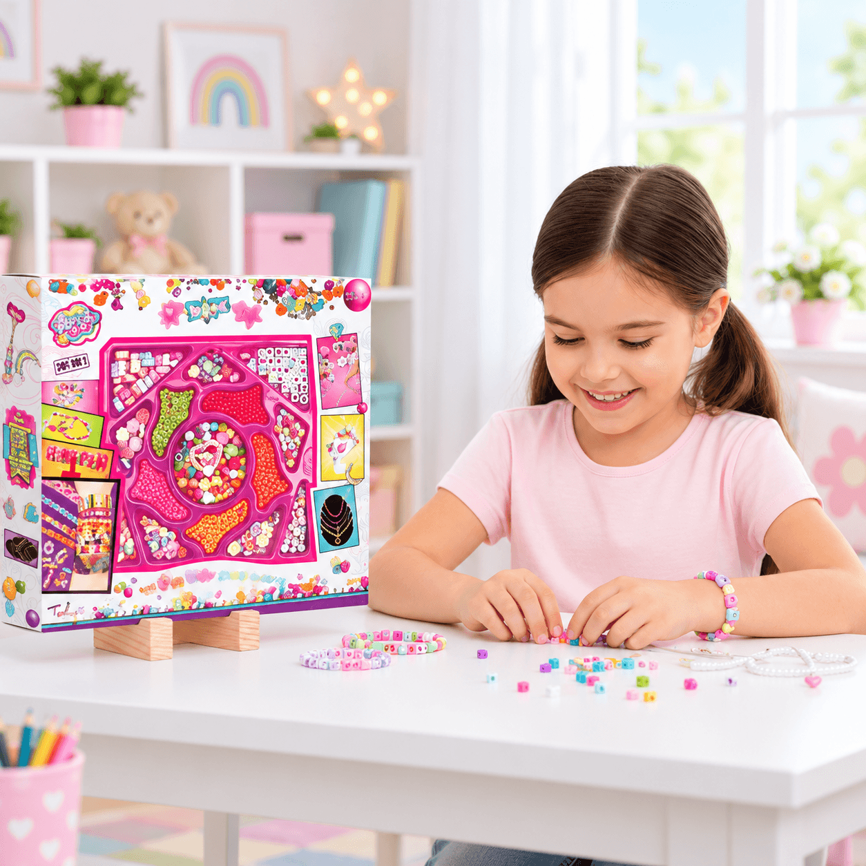 Set para Hacer Manillas con Cuentas de Colores en Caja Rosada