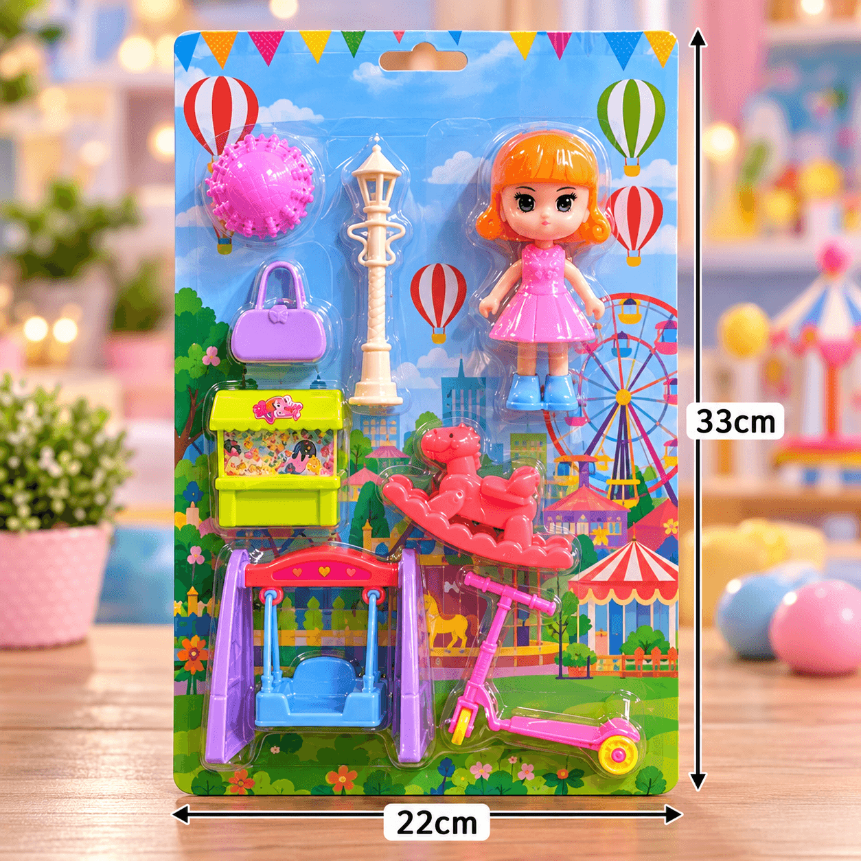 Set Parque Infantil con Muñeca de Vestido Rosado y Accesorios