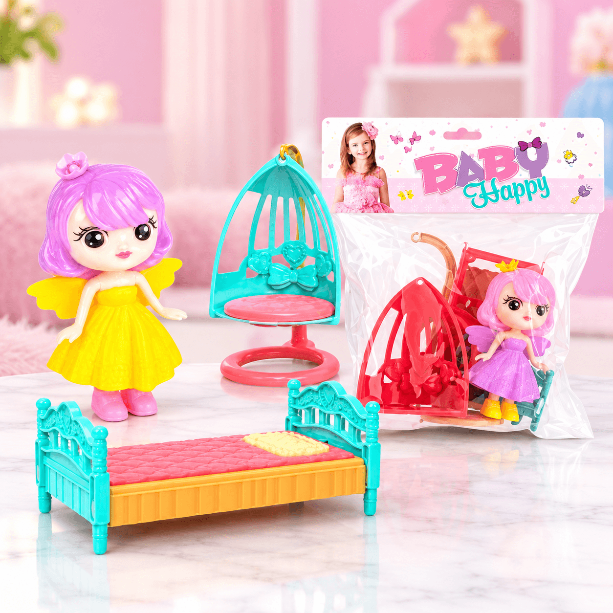 Muñeca Hada con Cama y Silla Colgante en Bolsa
