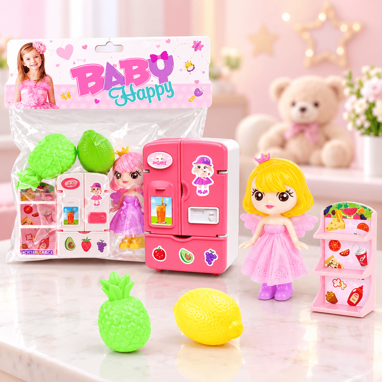 Muñeca Hada con Nevera, Estante y Frutas de Juguete