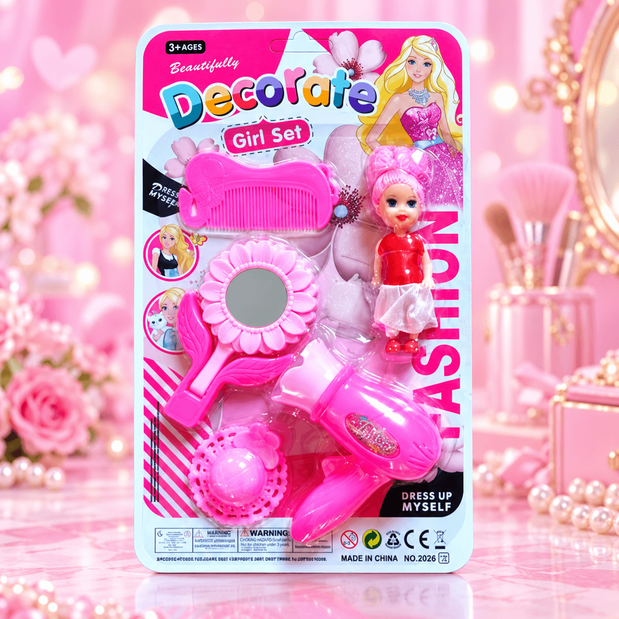 Set de Belleza de Juguete con Muñeca y Accesorios Rosados