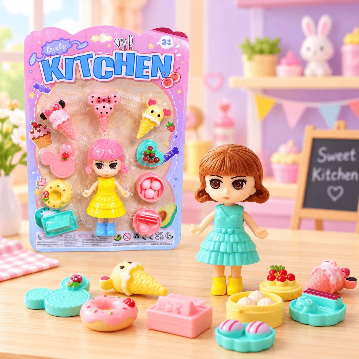 Muñeca con Set de Helados y Postres de Juguete en Blíster