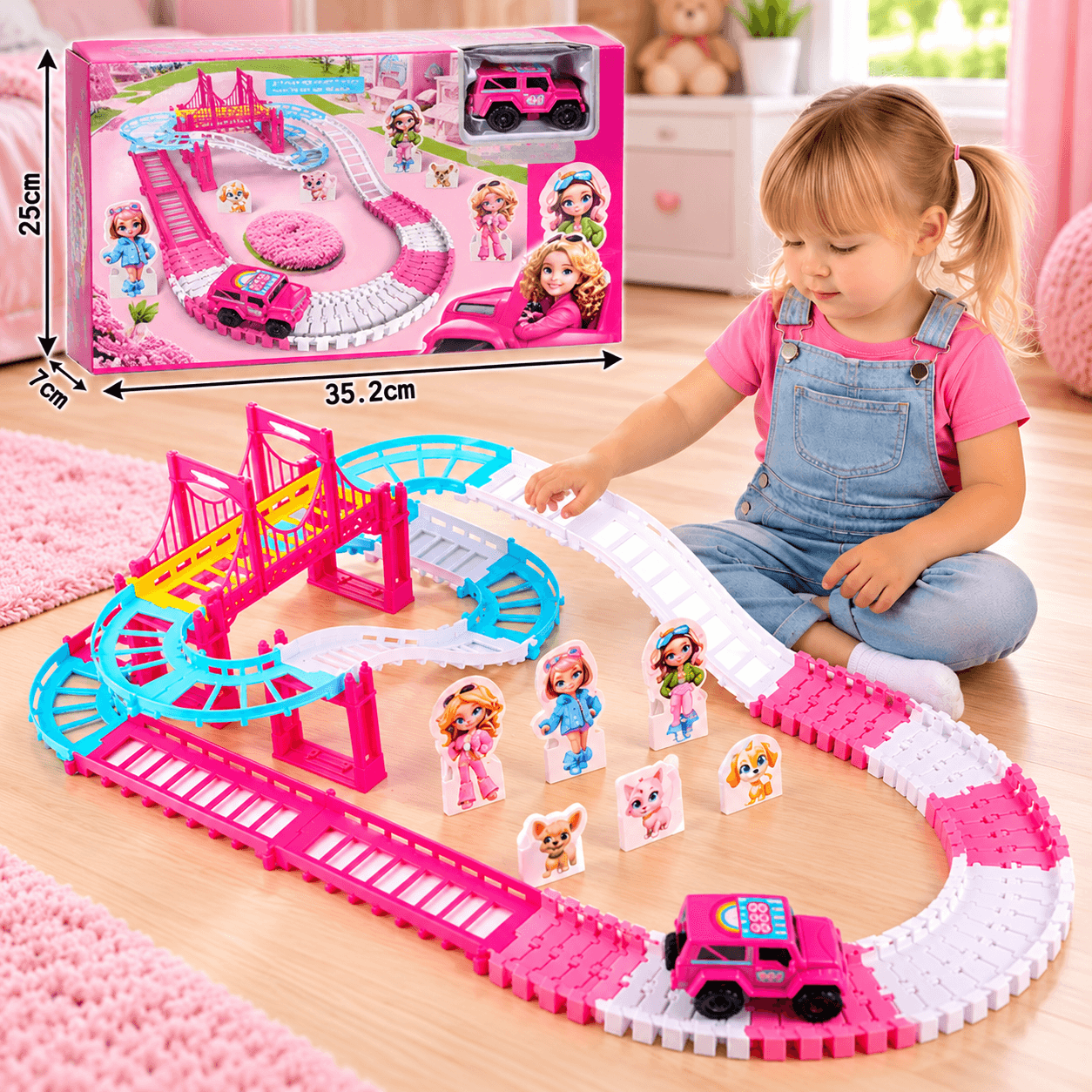 Pista de Carros Rosada para Niña con Puente, Carro y Figuras