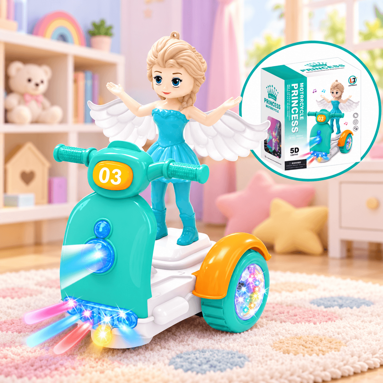 Juguete Muñeca Princesa con Alas en Moto Turquesa
