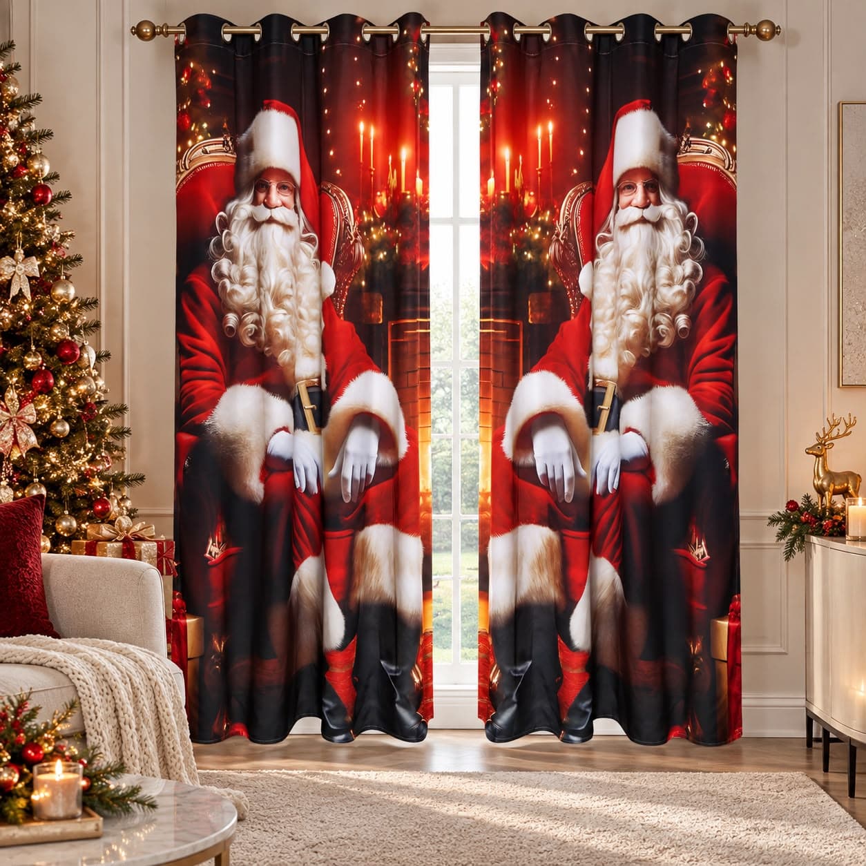 Cortina Navideña para Sala Papá Noel Fondo Rojo 1,40 × 2,20 m