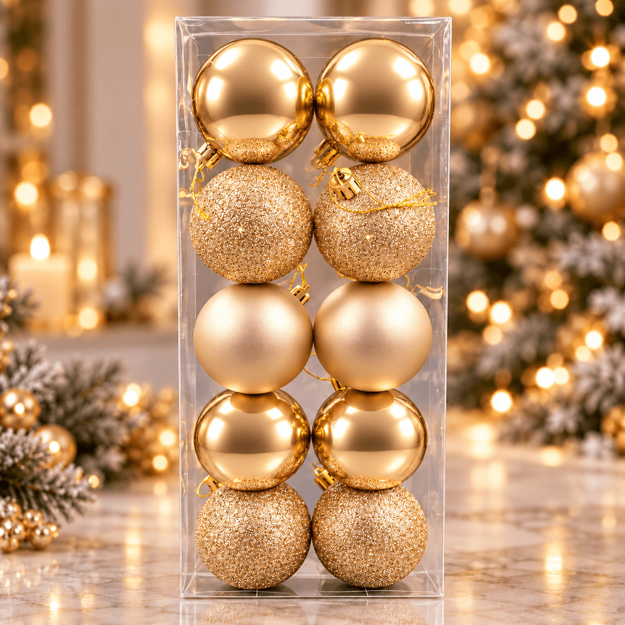 Bolas Navideñas Doradas Surtidas x10 Brillantes, Mate y Escarchadas