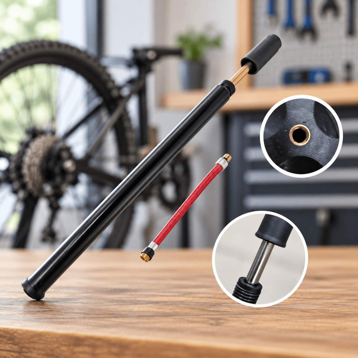 Inflador Manual para Bicicleta Negro con Manguera Roja 40cm