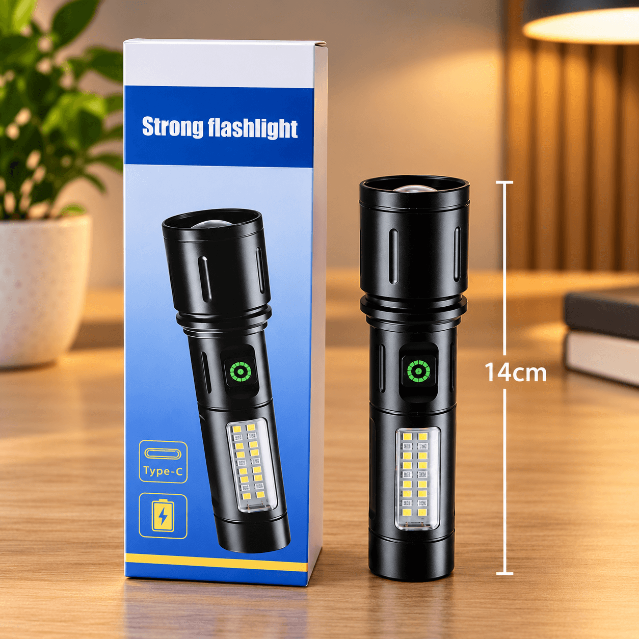 Linterna de Mano LED Negra con Luz Lateral 14cm