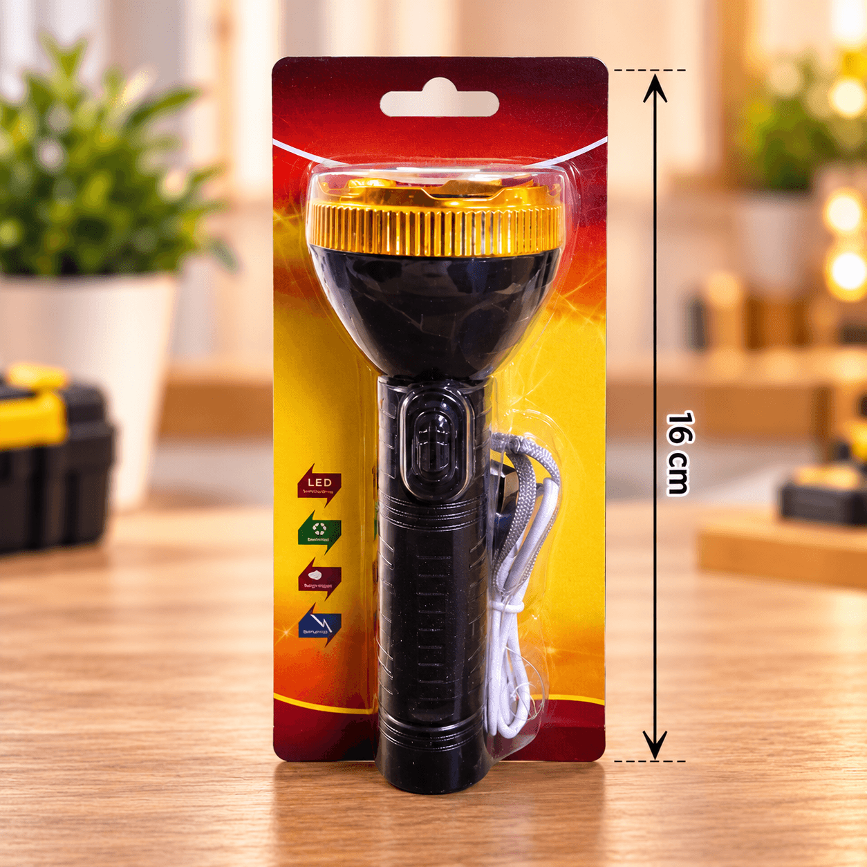 Linterna de Mano LED Recargable Negra y Dorada 16cm