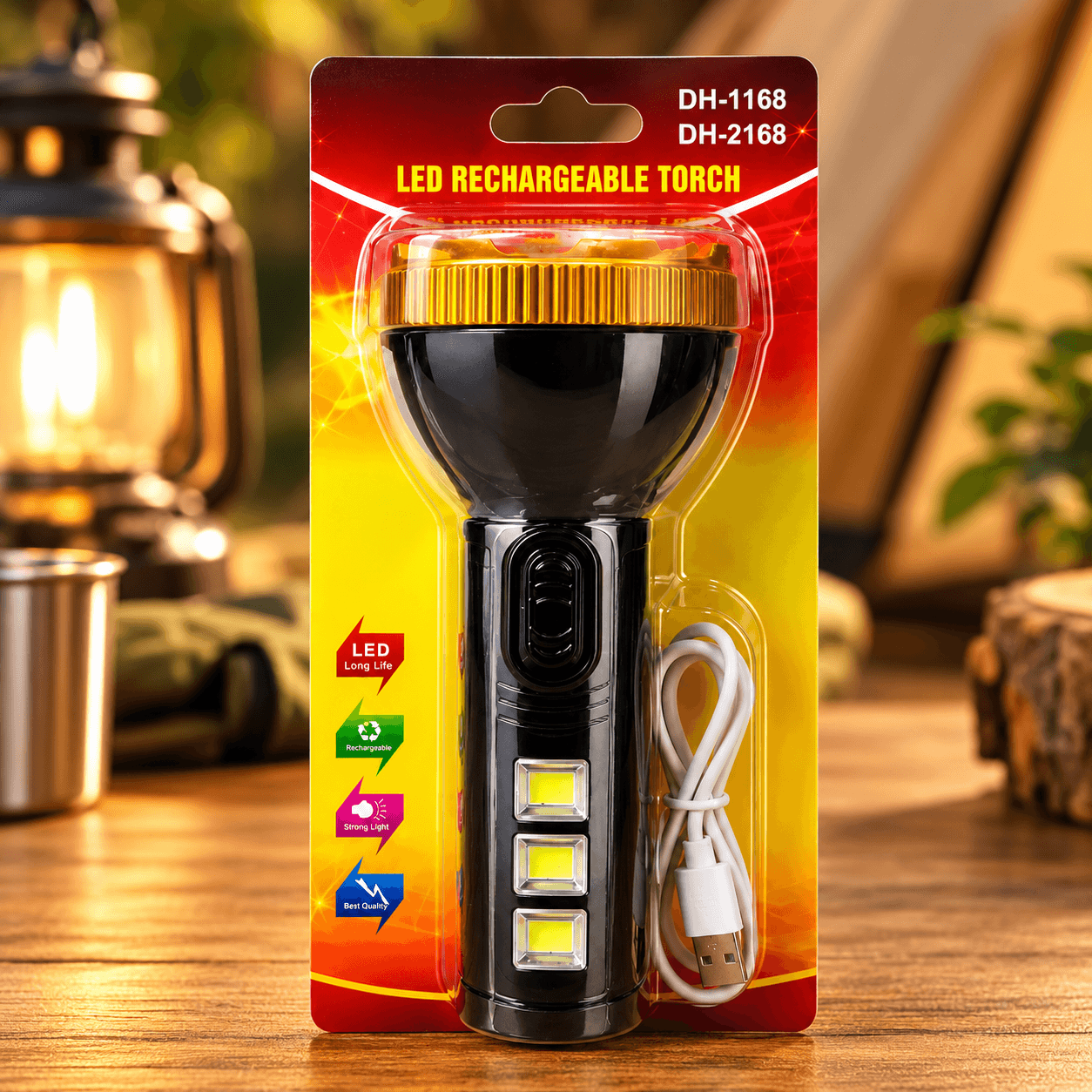 Linterna de Mano LED Recargable Negra con Luz Lateral