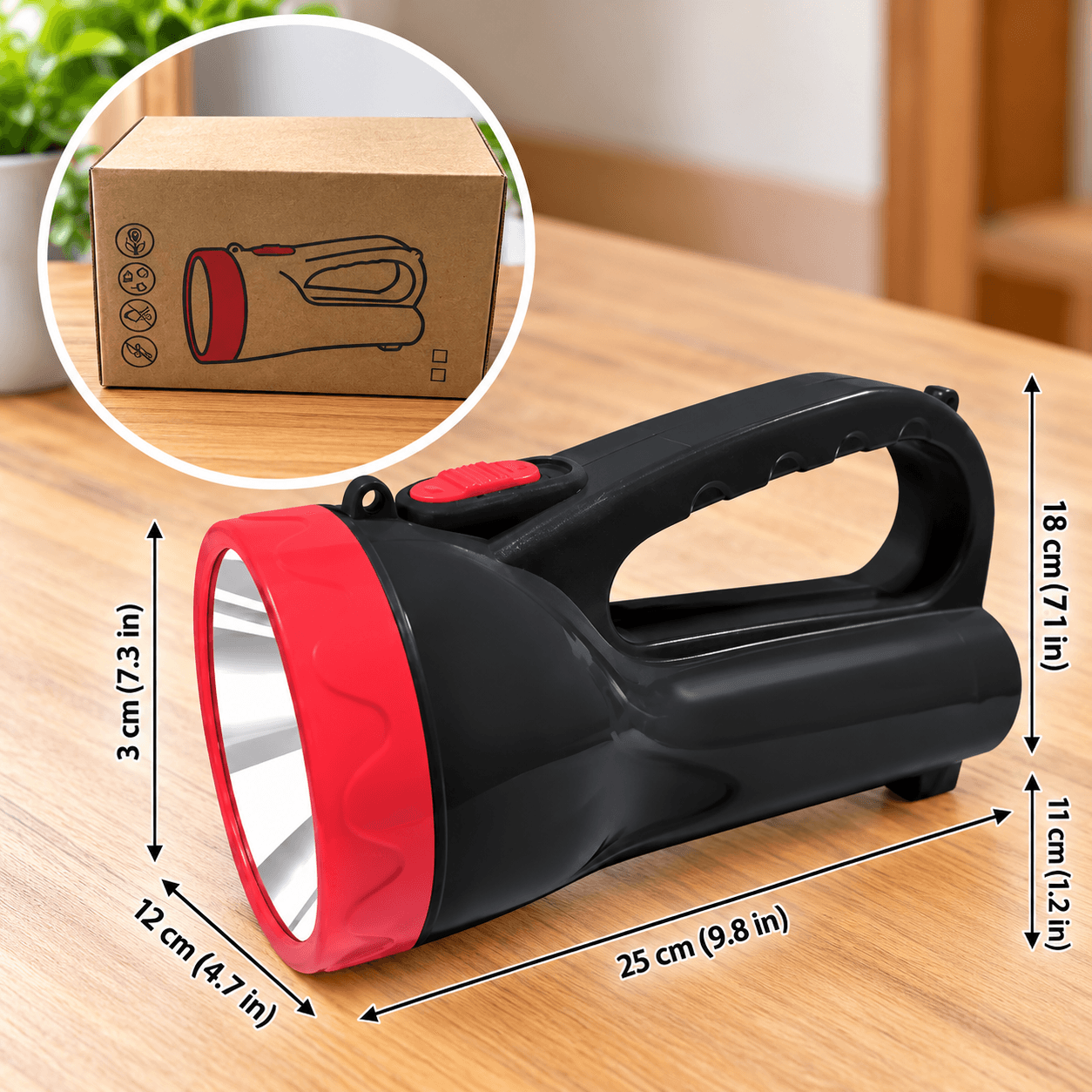 Linterna Recargable LED Tipo Reflector Negra y Roja con Asa