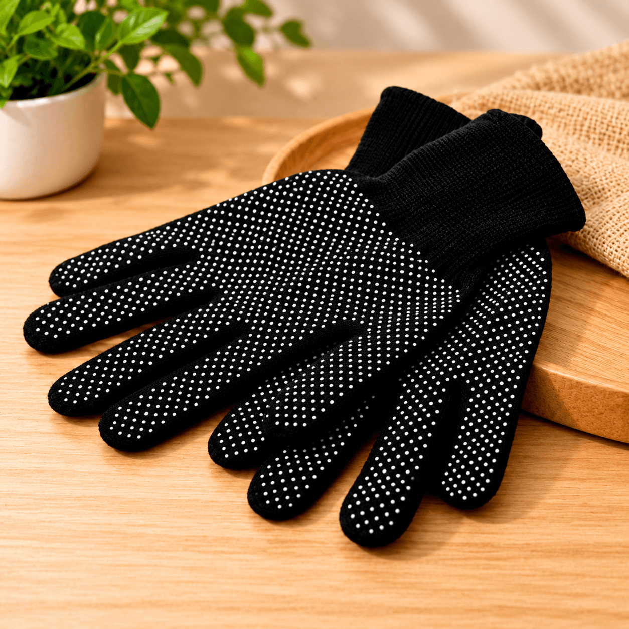 Guantes de Punto Negros con Puntos Blancos