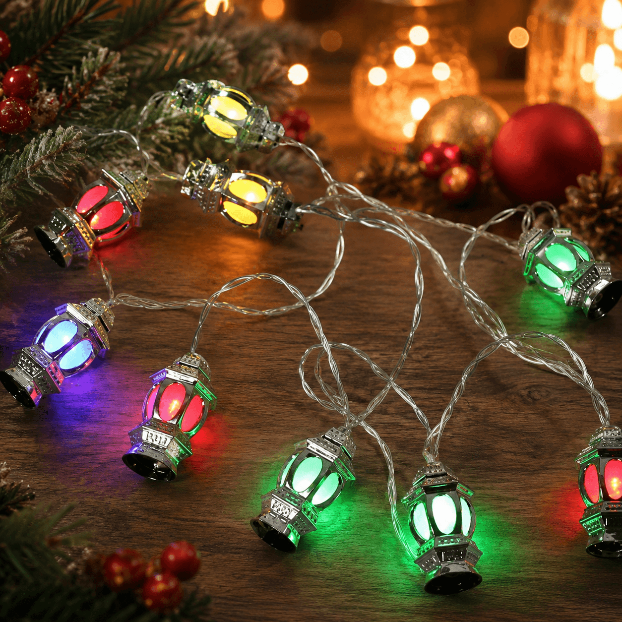 Luces navideñas Lineal farol pequeño 26 LED, 5cm, cable siliconado (50 dorado, 50 plateado)