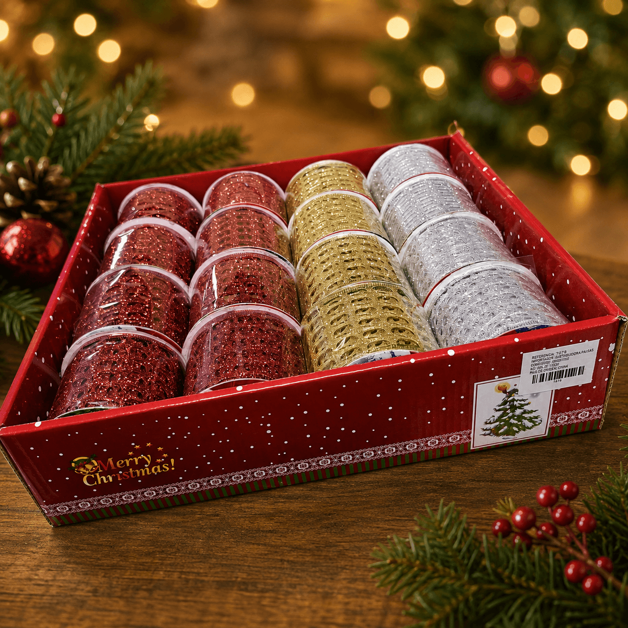 Cinta navidad texturizada 6.3 cm x 3y caja x16