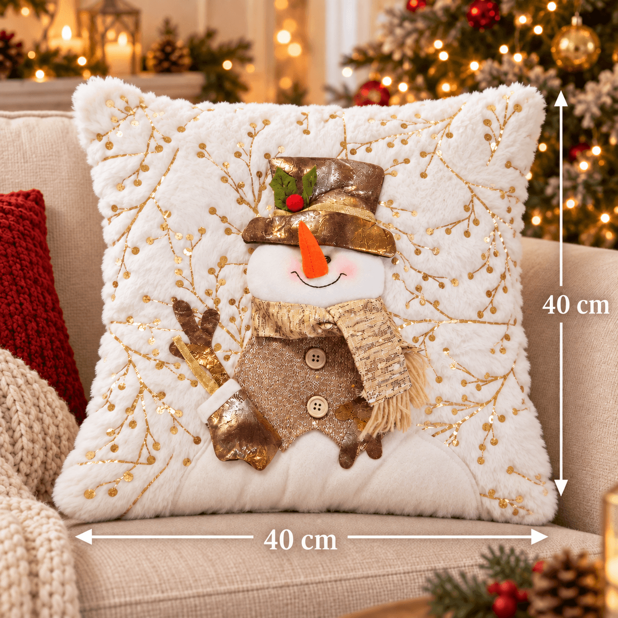 Forro de Cojín Navideño Blanco con Muñeco de Nieve 40 × 40cm