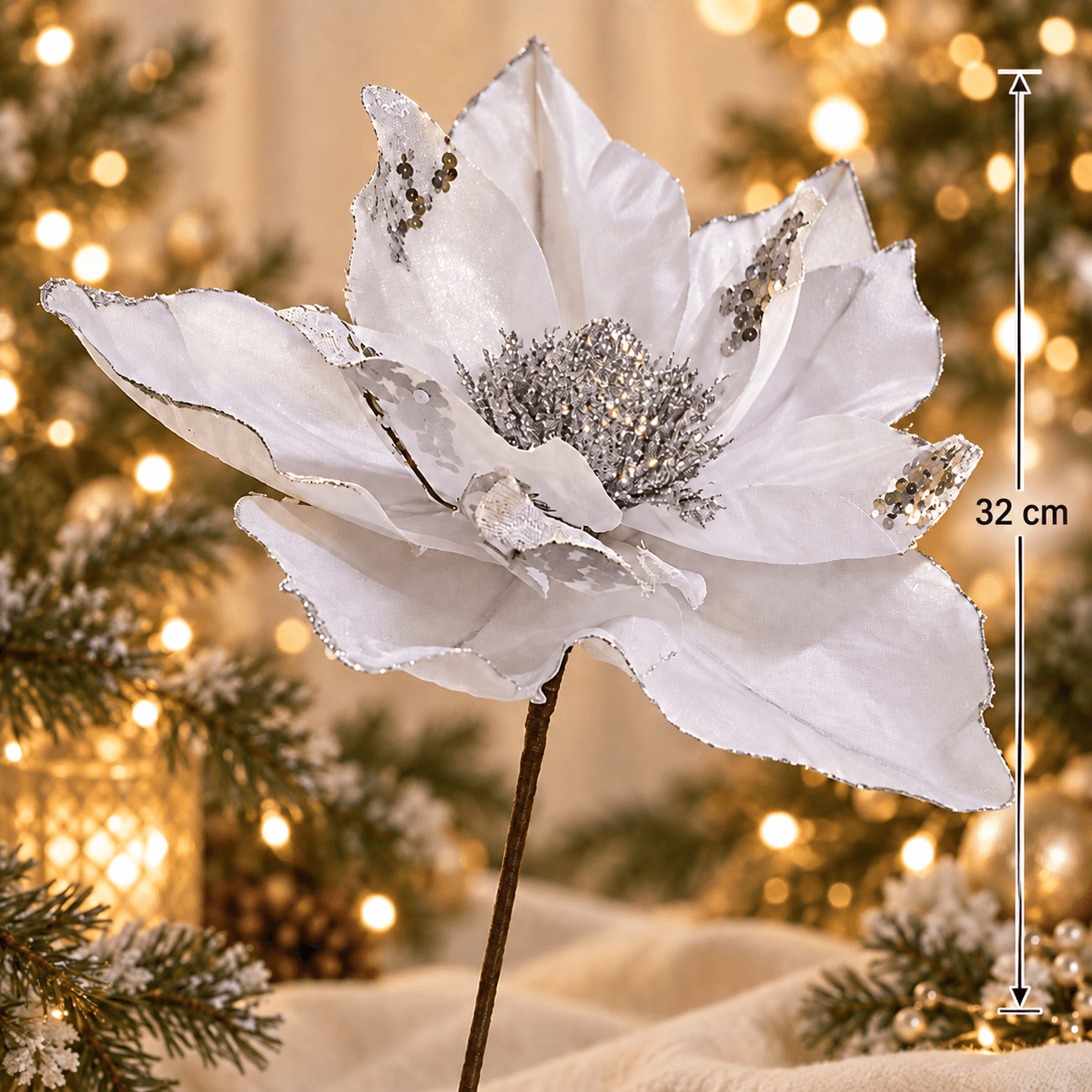 Flor Navideña Blanca y Plateada con Lentejuelas 32cm