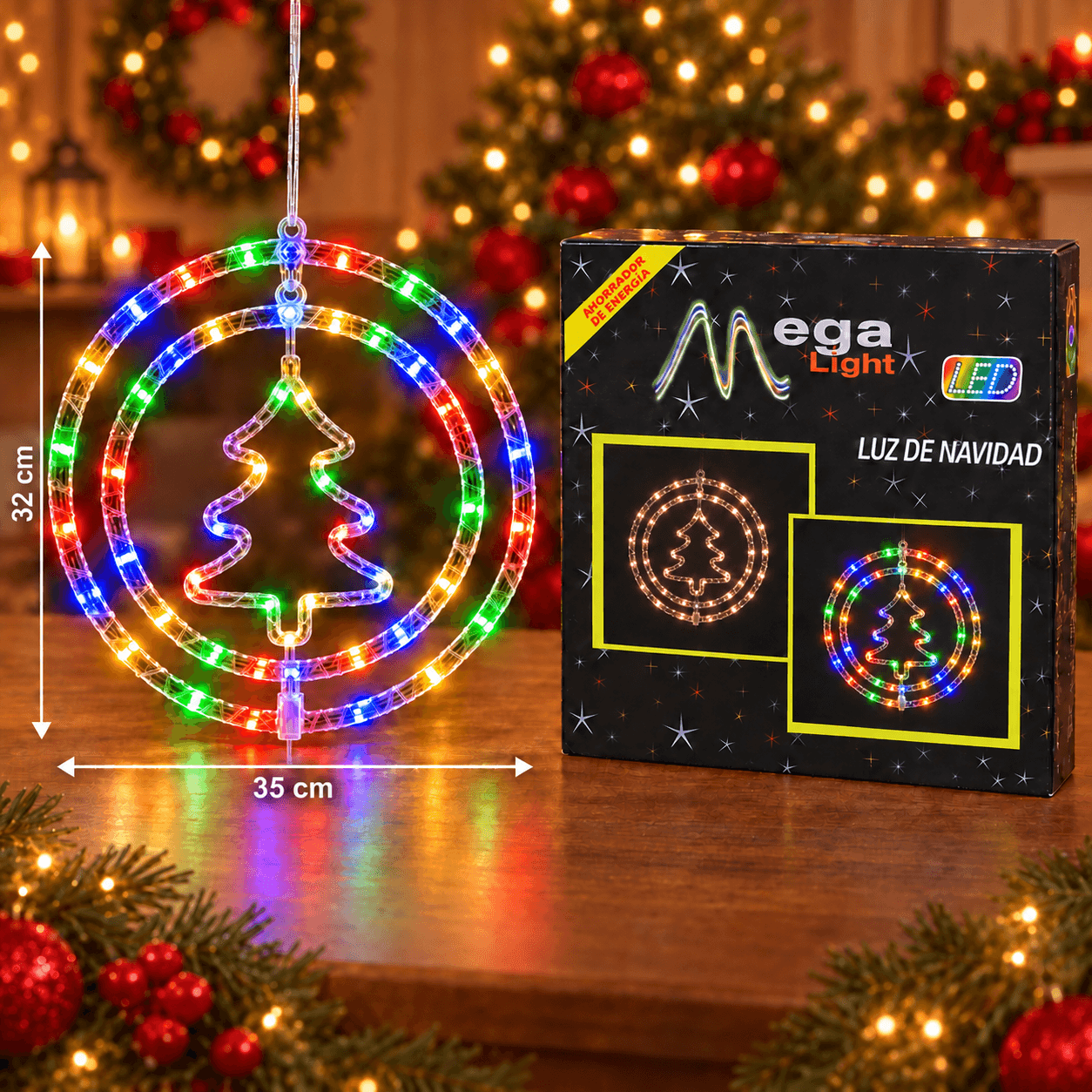 Aro Colgante con Árbol y Luz Multicolor 32 × 35cm