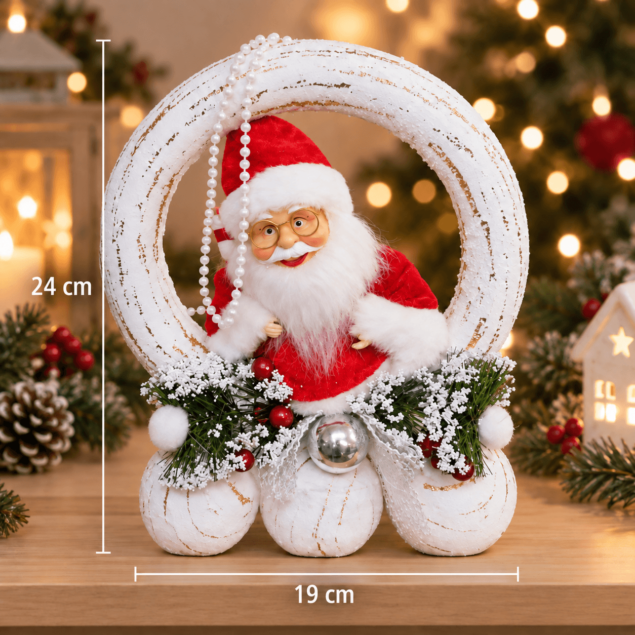 Aro Colgante Blanco con Papá Noel y Ramas Nevadas 24 × 19cm