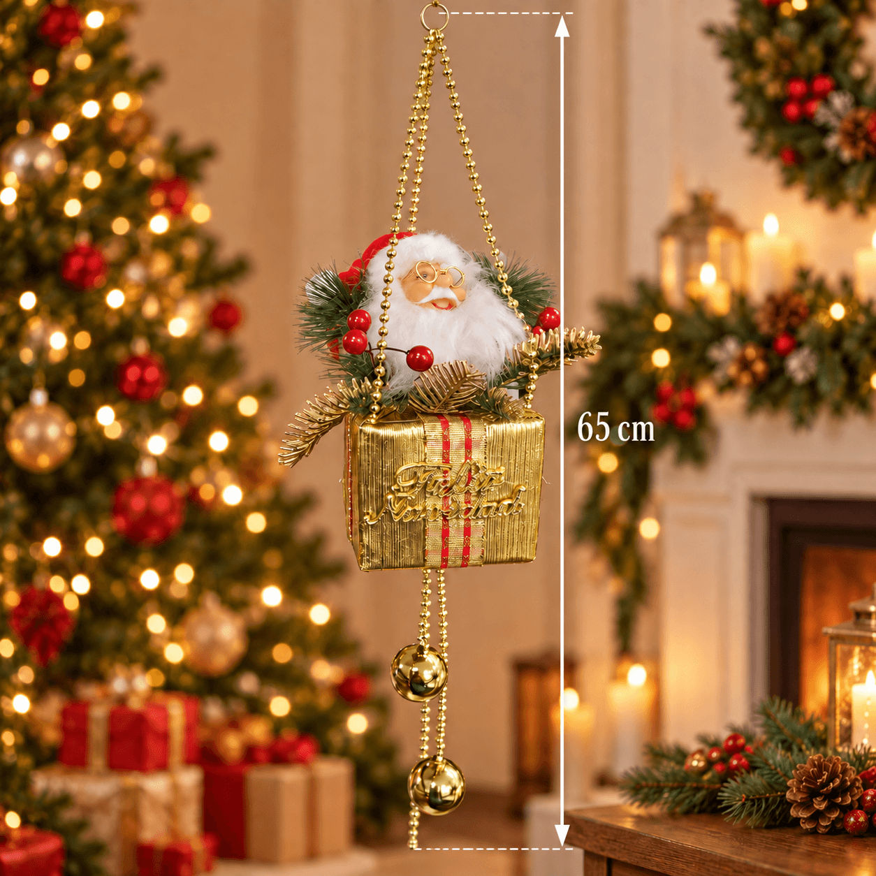 Caja de Regalo Colgante Dorada con Papá Noel y Campanas 65cm