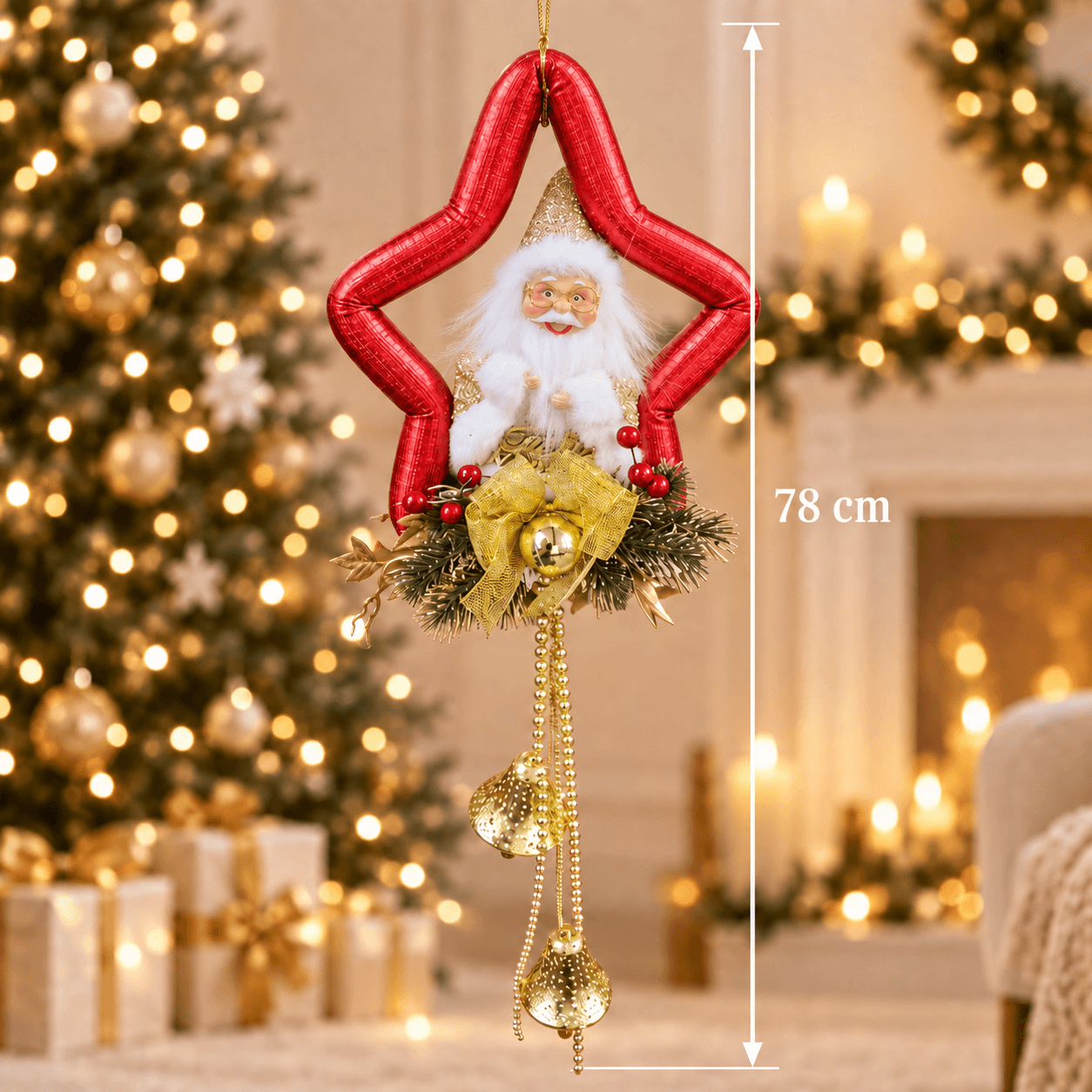 Estrella Colgante Roja con Papá Noel y Campanas 78cm