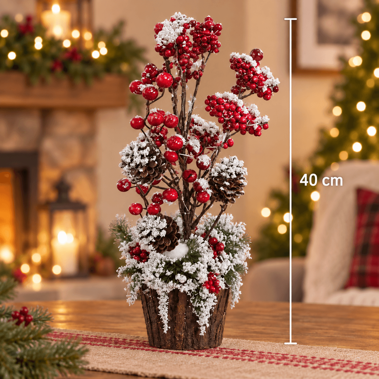Adorno de Mesa Tronco con Bayas Rojas y Piñas Nevadas 40cm