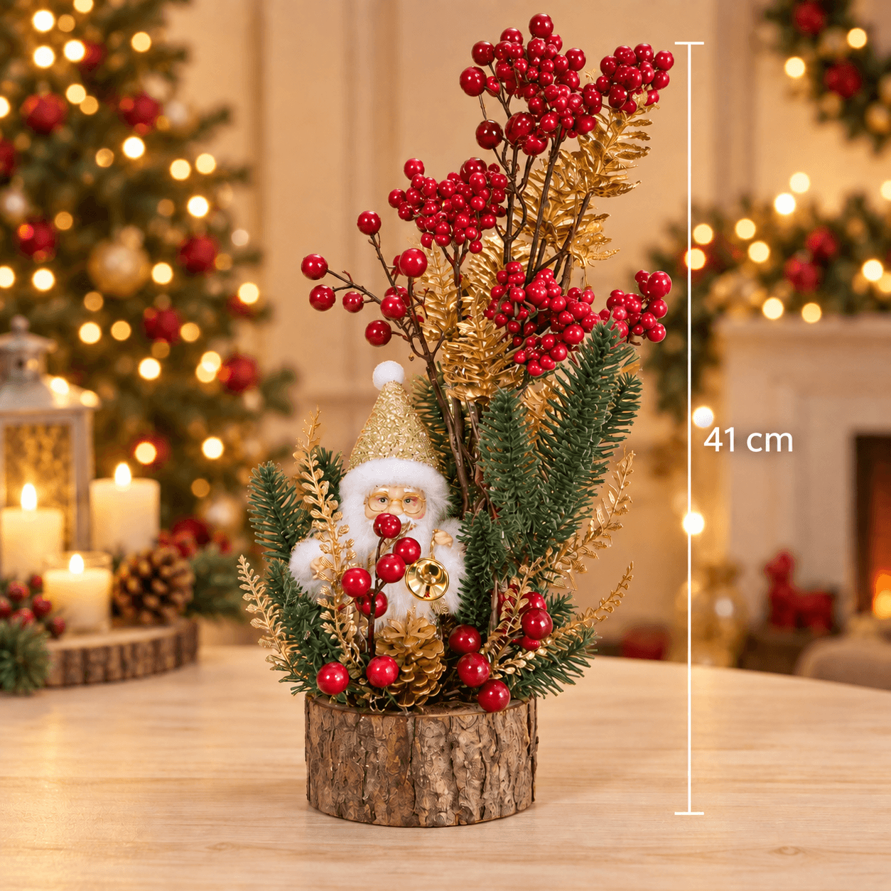 Adorno de Mesa Tronco con Papá Noel y Hojas Doradas 41cm
