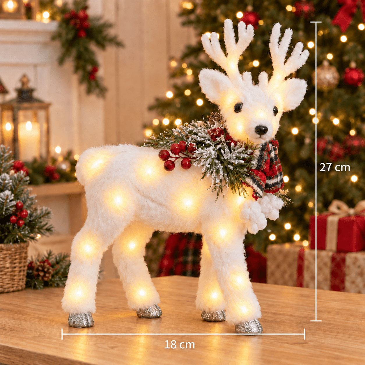 Reno Blanco con Luz USB y Bufanda a Cuadros 27 × 18cm