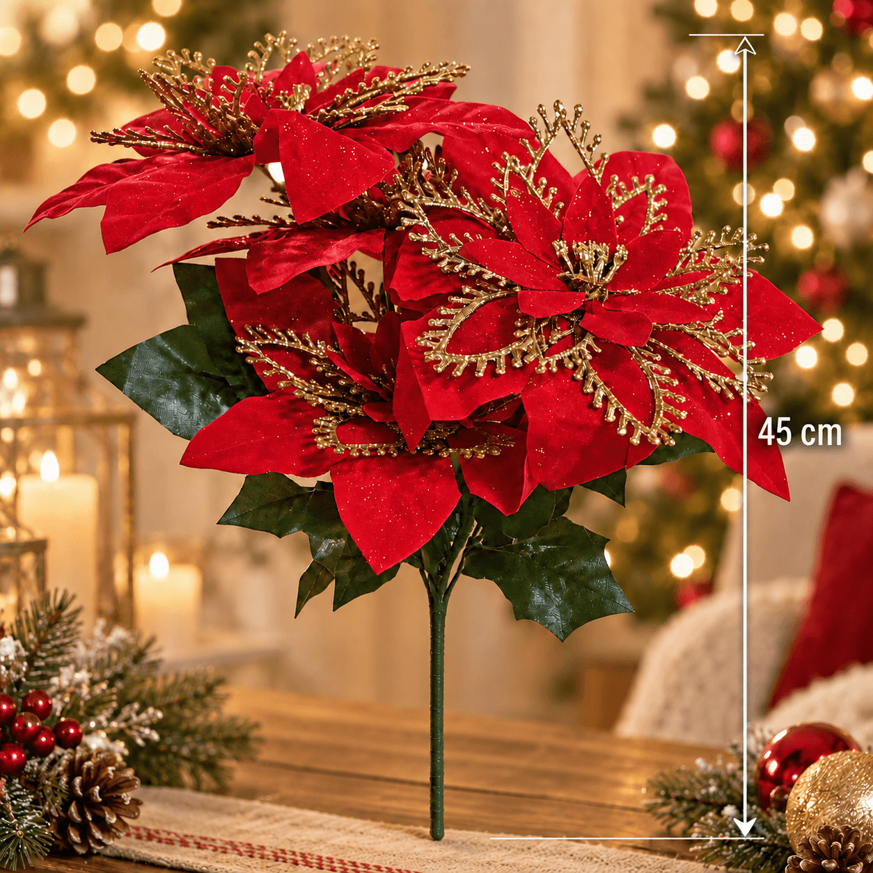 Ramillete de Flor de Navidad (Poinsettia) Roja x5 45cm