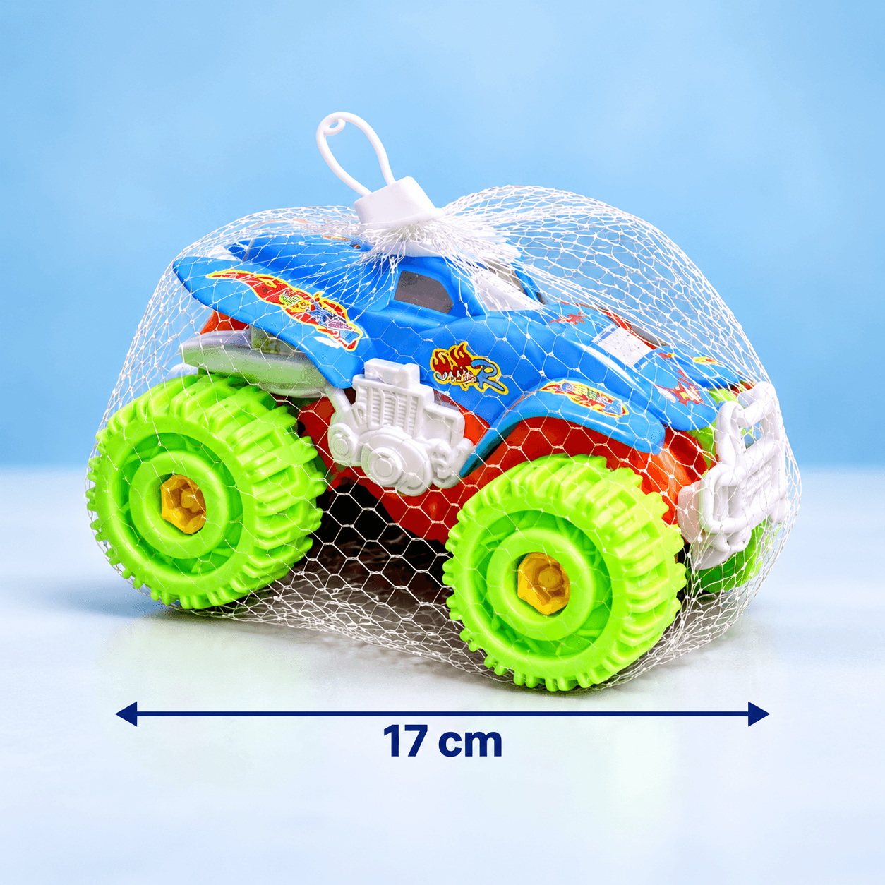 Carro Monster Truck de Juguete Azul con Ruedas Verdes 17cm
