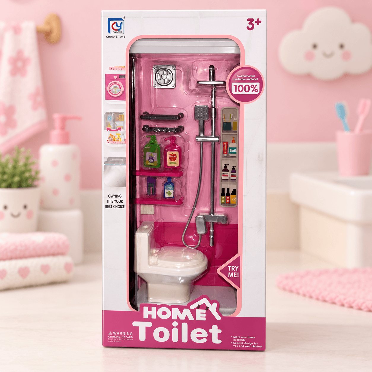 Set de Baño de Juguete Rosado con Inodoro, Ducha y Accesorios