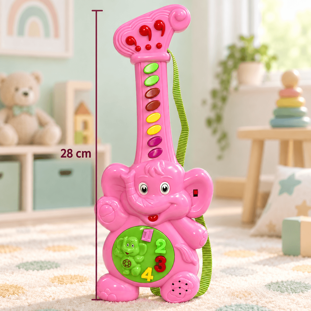 Mini Guitarra Animada de Elefante Rosada 28cm