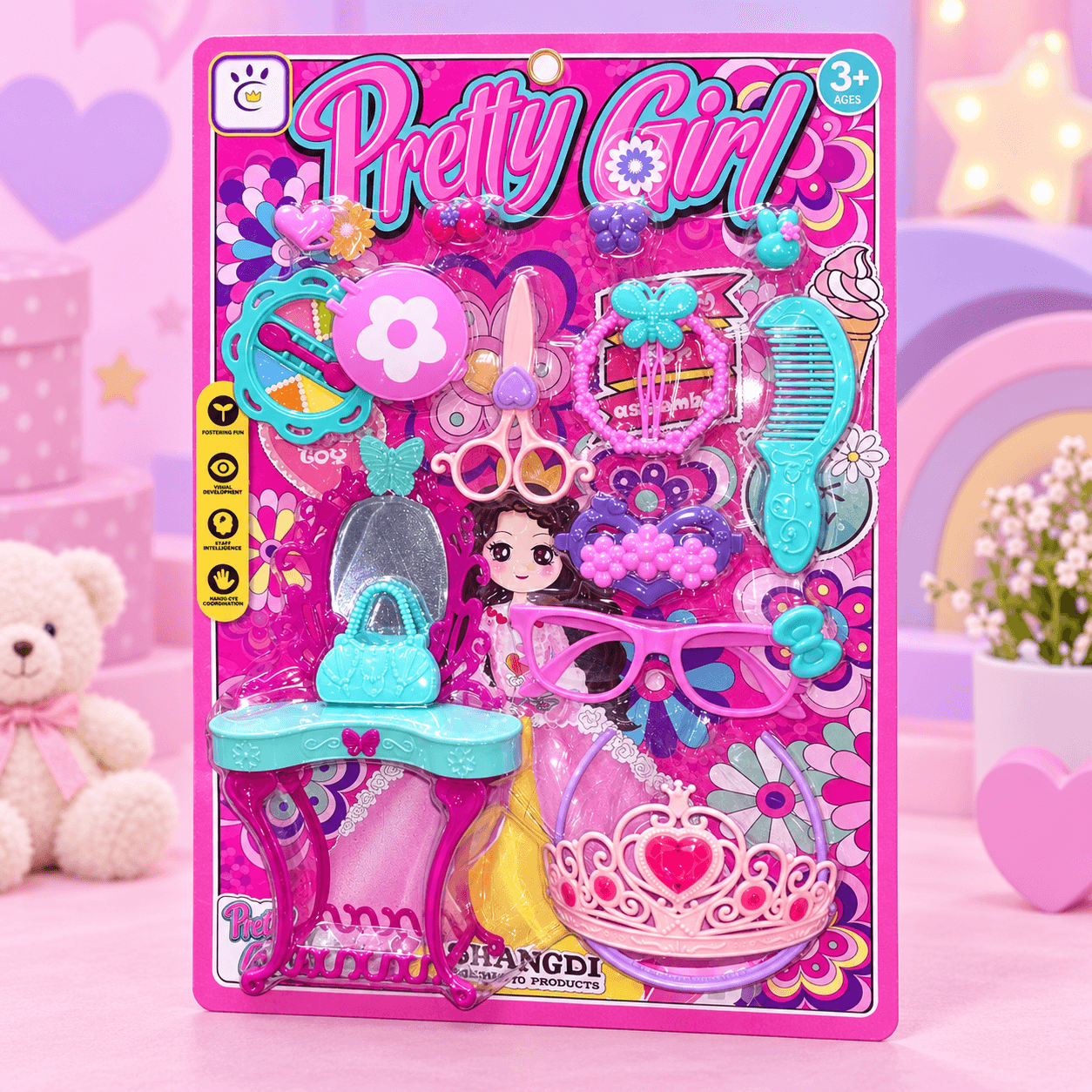 Set de Belleza Infantil con Tocador, Corona y Gafas Rosadas