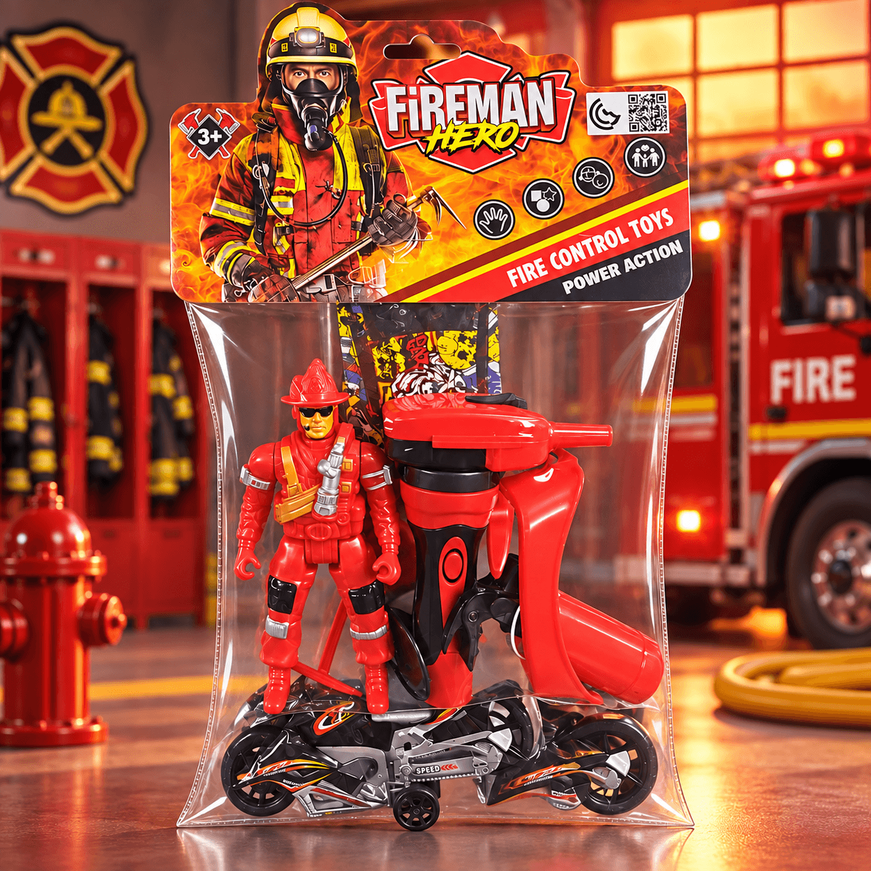 Set de Bombero con Figura Roja, Moto y Accesorios