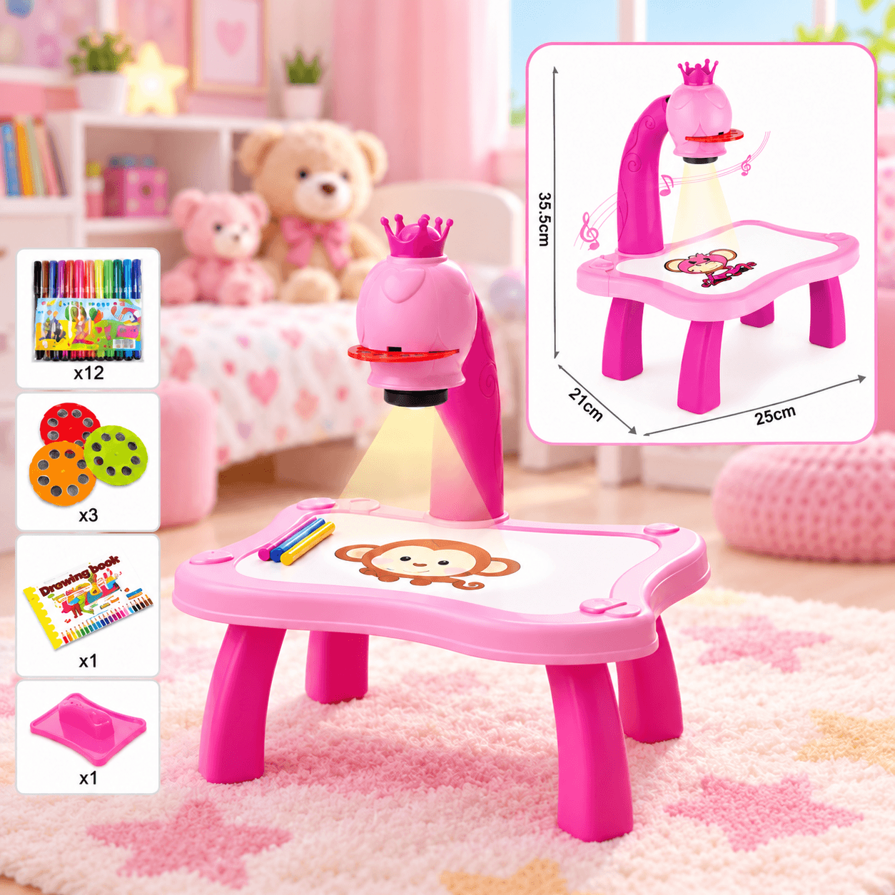 Mesa Proyector de Dibujo Infantil Rosada con Corona
