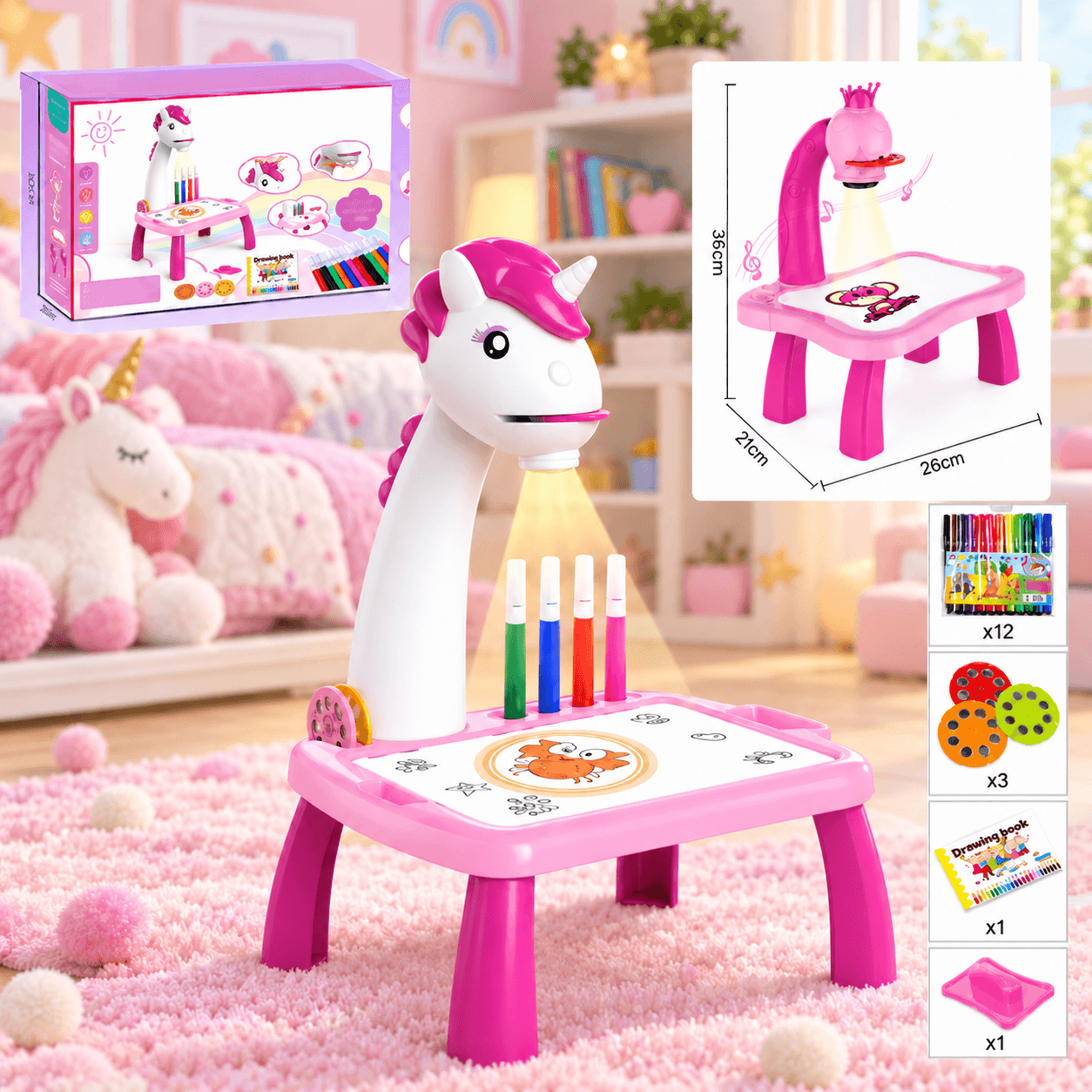 Mesa Proyector de Dibujo Infantil Unicornio Rosada